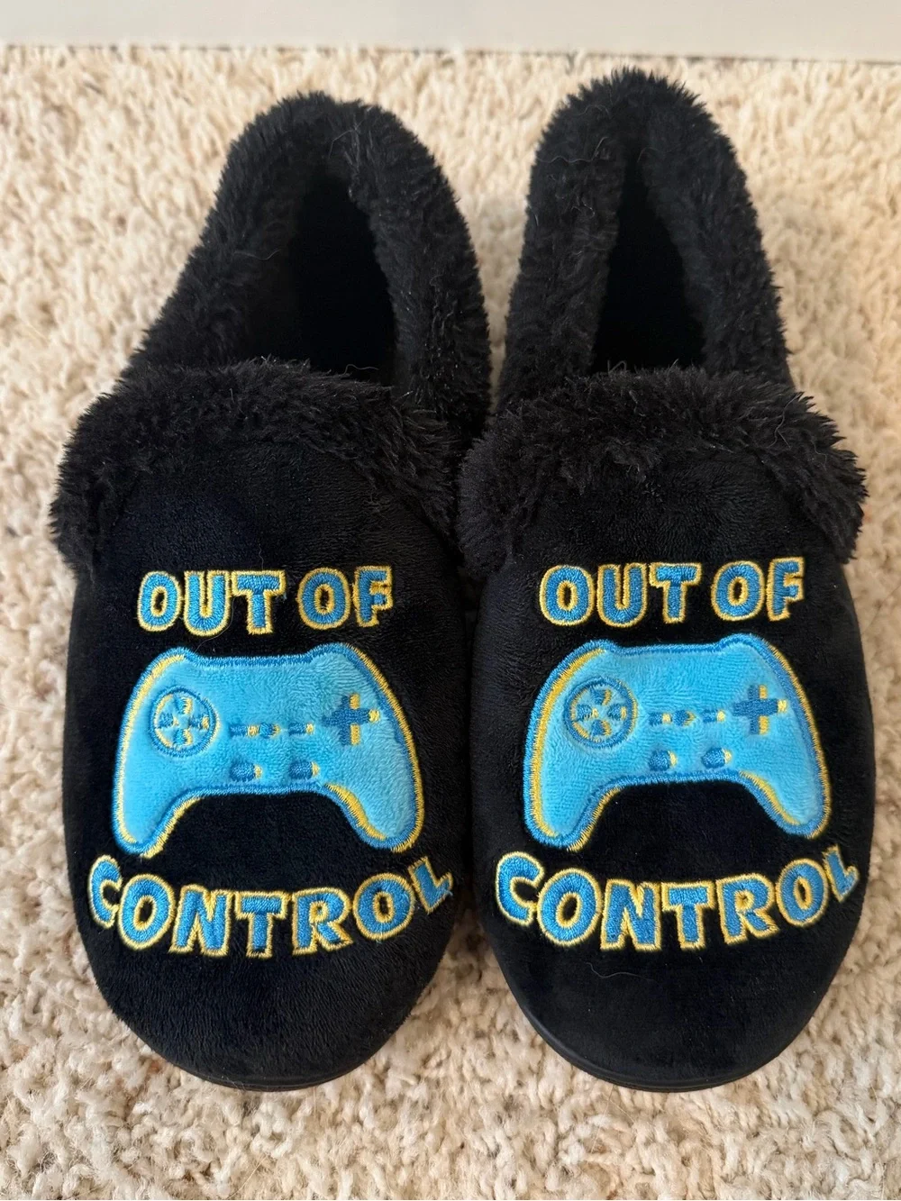 Boys size 2-3 Slippers, black ‘Out of Control' Gaming theme Slippers